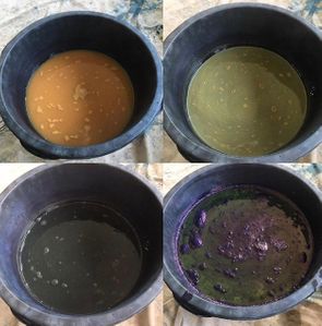 Four stages of preparing a vat, 1: Iron 2: Lime 3: Indigo 4: Voila!